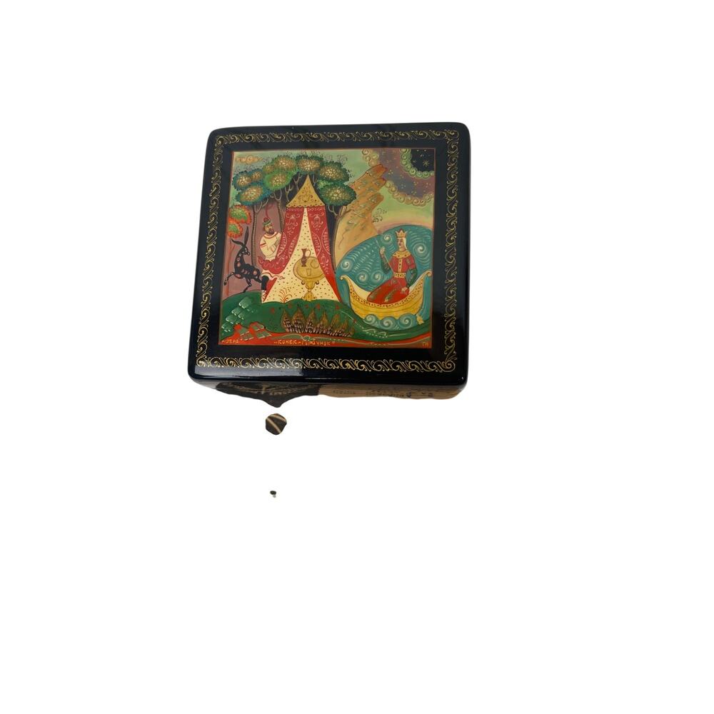 Box Russian Hand Painted Kholuy Proletarian Art Humpback Pony 1979 Signed 3" VTG